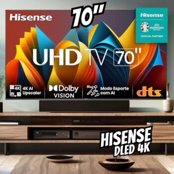 Smart TV 70 Polegadas Hisense DLED 4K, 3 HDMI, 2 USB, Com Sleep Timer, Entrada E WiFi - 70a6khsv