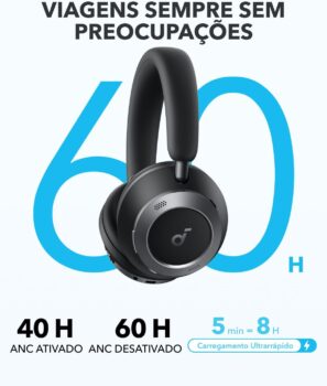 soundcore Space One Pro da Anker, Fones com Cancelamento Adaptativo de Ruído Ativo, 6 Mics, Design Super Dobrável, 60h de Áudio Sem Perdas, Carregamento Ultra-Rápido, Áudio Sem Fio Hi-Res, Confortável