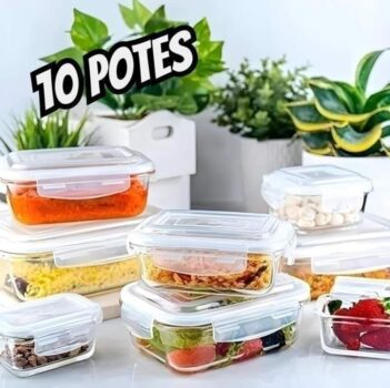 Manubelita Kit 10 Marmitas Vidro Hermético Vidro Tampa Trava 370ml
