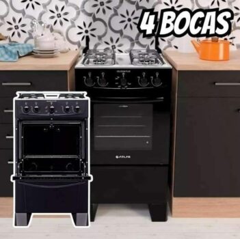 Fogão Atlas 4 bocas preto com forno limpa fácil Coliseum Plus - Forno 50l