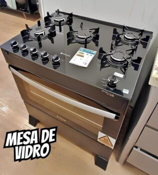 Fogão Atlas 5 Bocas preto Atenas Glass com Acendimento automático - Bivolt