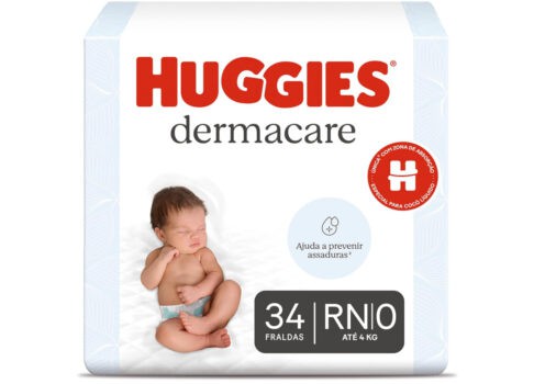 Fralda Huggies Premium Dermacare Tamanho RN - 34 Fraldas Premium com Tecnologia Avançada para Pele Sensível do bebê que ajuda previnir assaduras