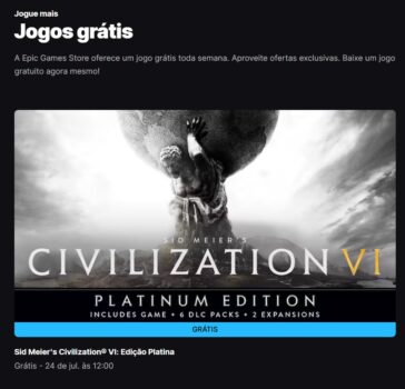 Jogo Grátis na Epic Games  -Sid Meier's Civilization® VI: Edição Platina