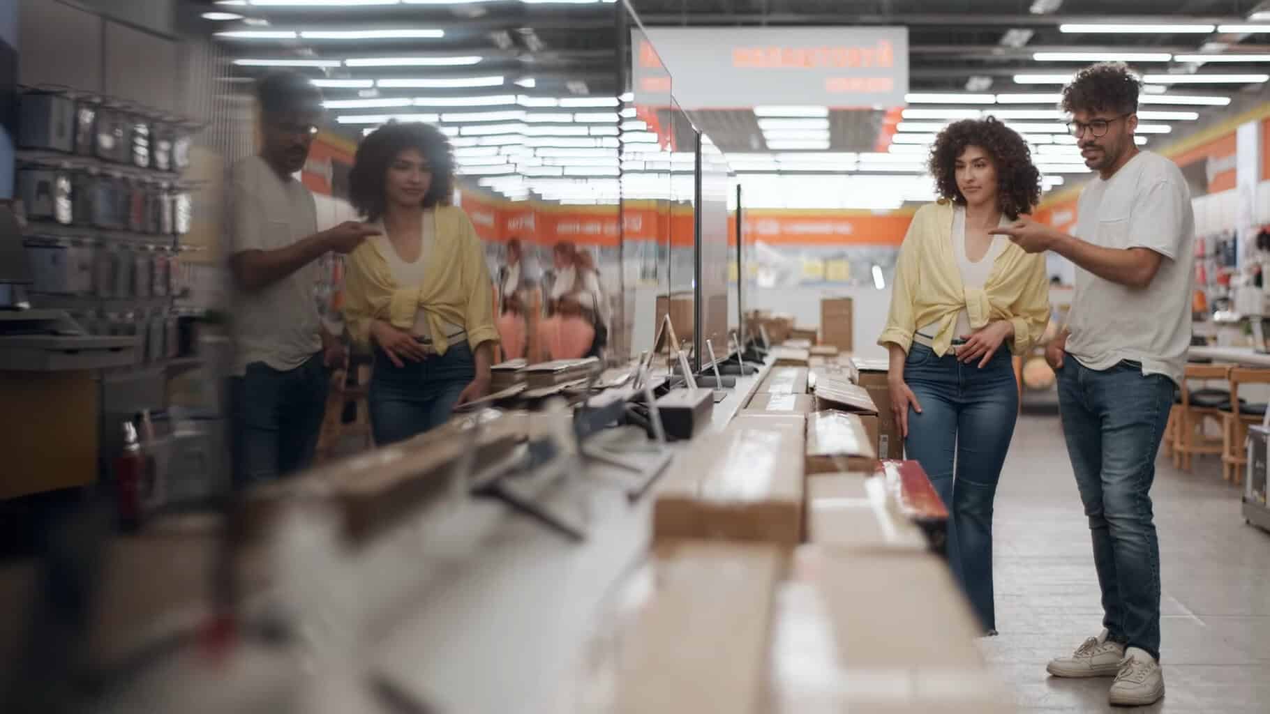 MUDOU! TOP 5 Novas Smart TVs para Comprar em 2025 (Samsung, TCL e LG) Loja de eletrônicos com clientes analisando produtos e tecnologia de ponta.
