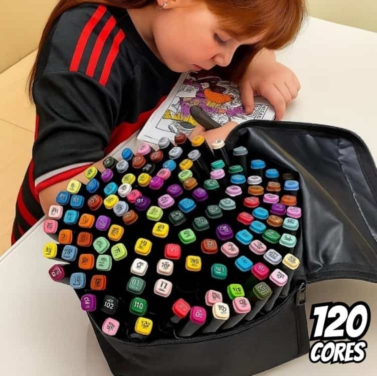 Canetas Permanentes 120 Cores Vibrantes Ponta Dupla C/ Bolsa Fast Plug