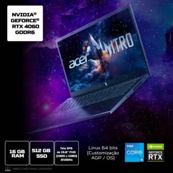 Notebook Gamer Acer Nitro V15 ANV15-52-52VN Intel Core i5-13420H 13ªG 512 GB SSD 16 GB RAM RTX 4060 15.6”