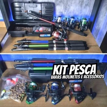 Pescamping Kit Pesca Completo 4 Varas Fibra De Vidro E 4 Molinetes Leve Com Linha - Maleta Com Acessórios Bóias Chumbadas Anzóis E Mais Tralha Quite De Pescaria