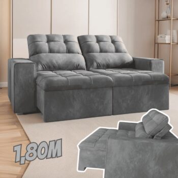 Sofá Retrátil Reclinável 2 Lugares 1,80m Malibu Cinza Cinza
