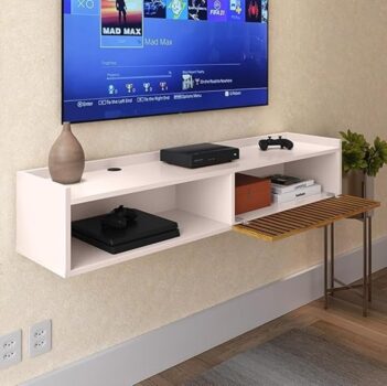 Rack Suspenso Home Classic Decoração Casa Apartamento Pequeno Sala Estar Quarto Tv 32 42 50 Polegadas 1 Porta Puxador Concha - Lojas RPM (Off White/Ripado)