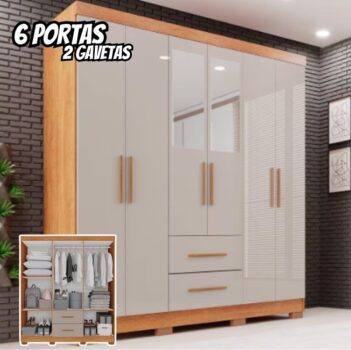 Guarda-roupa Casal com Espelho 6 Portas 2 Gavetas Estrela Premium Cinamomo/Off-White - Off White