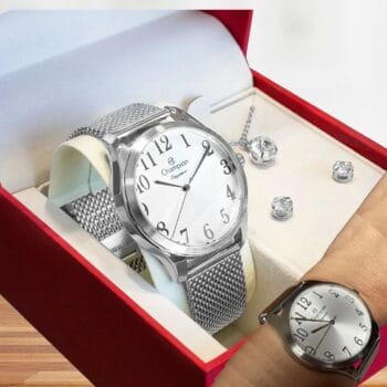 Kit Relógio Champion Feminino Barato Colar E Brincos Prateado Prata