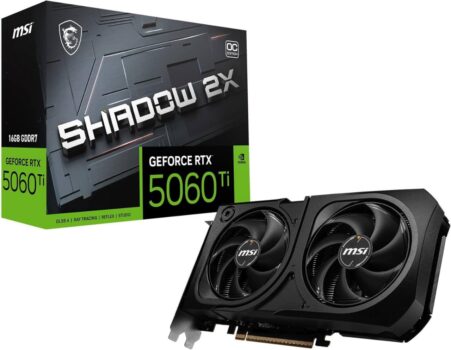 MSI Placa gráfica GeForce RTX 5060 Ti 16G SHADOW 2X OC PLUS - GPU RTX 5060 Ti, 16GB GDDR7 (28Gbps/128-bit), PCIe 5.0 - Design térmico de ventilador duplo (2 x ventoinhas STORMFORCE) - HDMI 2.1b