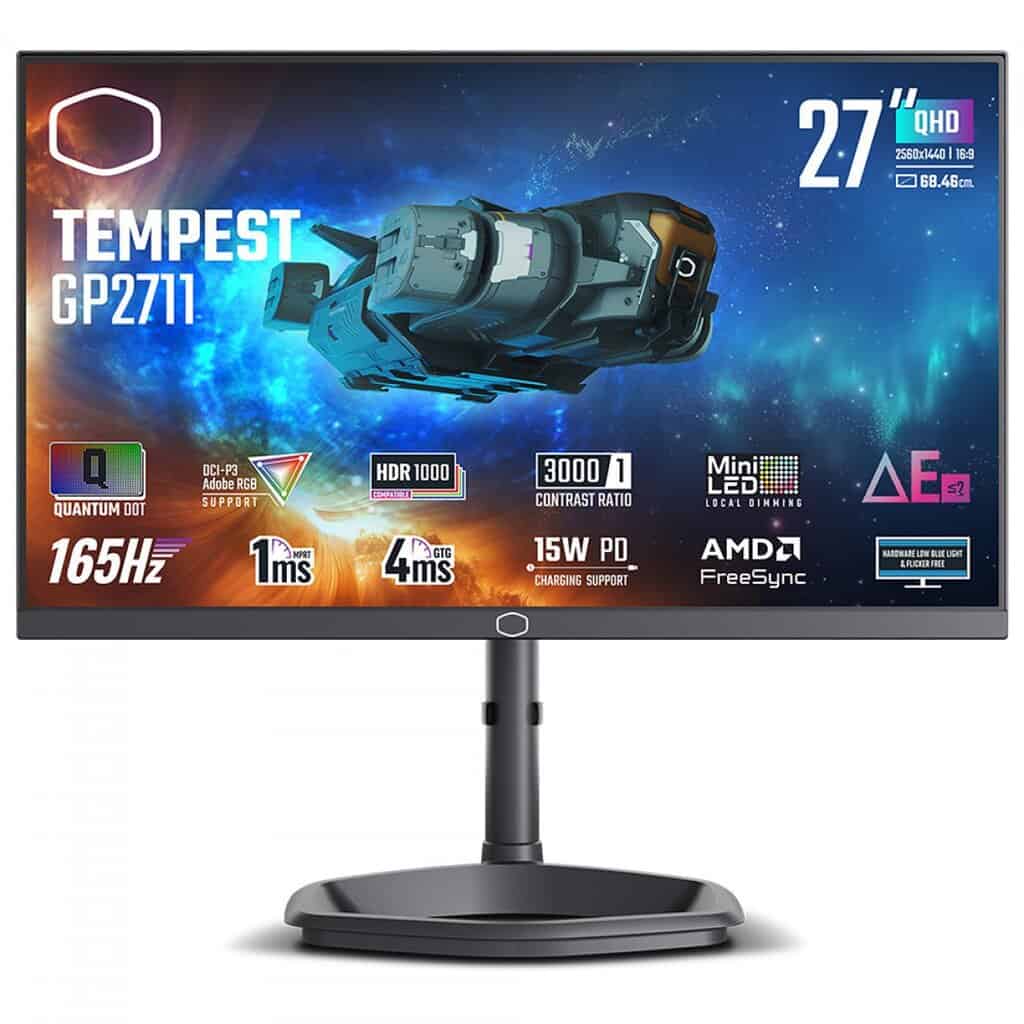 Monitor Gamer Cooler Master 27″, QHD, 165Hz, 1ms, VA, DisplayPort e HDMI, HDR1000, FreeSync, Ajuste de Altura, Som Integrado – GP2711