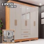 Guarda-roupa Casal com Espelho 6 Portas 2 Gavetas Estrela Premium Cinamomo/Off-White – Off White