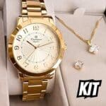 Relógio Feminino Champion Analógico CN25118W Dourado Fundo Branco Pulseira em Aço Inoxidável + Kit Colar e Brincos