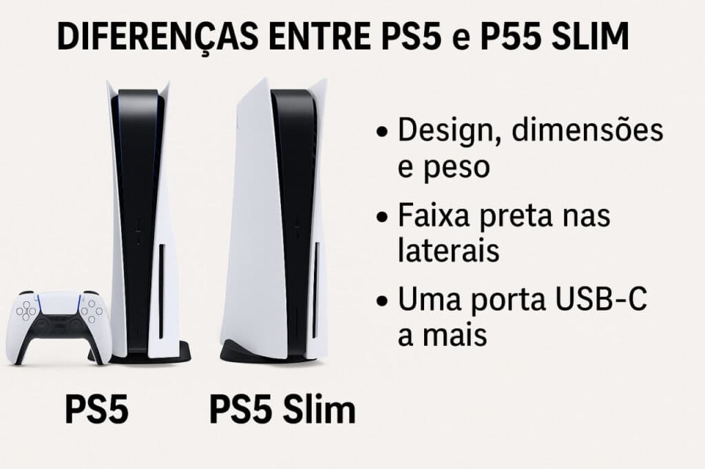 Design compacto do PS5 Slim com PS5 tradicional ao lado, destacando diferenças principais.