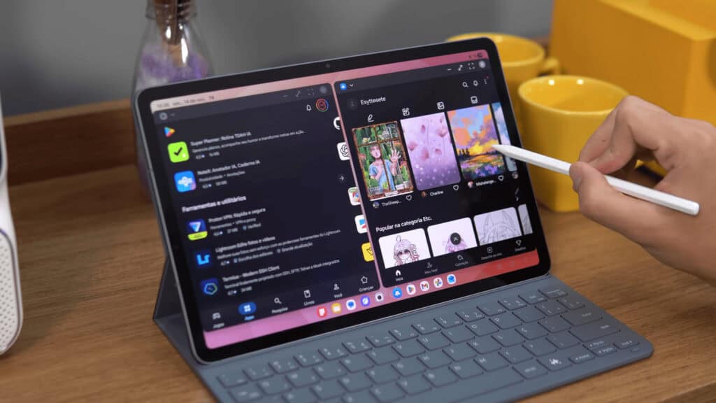 Design de tablet com teclado destacando desenhos e ferramentas de edição de imagens no aplicativo Promotop.