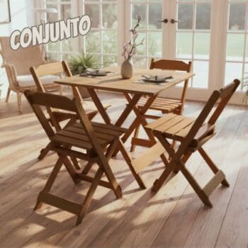 Jogo Conjunto Mesa Dobrável 70x70 C/4 Cadeiras Madeira