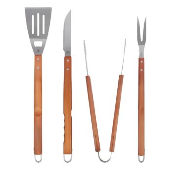 Kit Churrasco Barbecue Em Aço Inox Com Cabo De Madeira 4pçs Cor Cinza