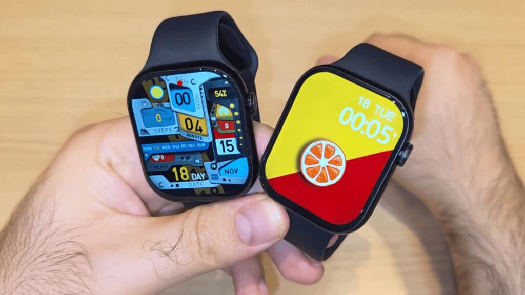 Relógios inteligentes com telas coloridas e funções de fitness e notificação digital.