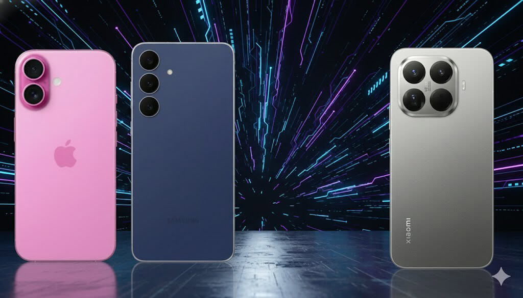 3 celulares “inteligentes” para comprar sem cair no hype dos lançamentos Câmera de smartphone futurista com diferentes modelos de iPhone, Galaxy e Xiaomi, tecnologia avançada e design moderno.