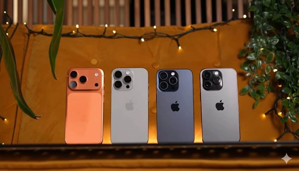 Smartphones iPhone 13 Pro em cores variadas exibidos em uma mesa com decoração de iluminação de festa.
