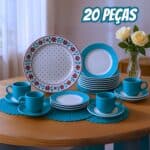 Aparelho de Jantar e Chá 20 Peças Biona de Cerâmica Redondo Branco e Azul Claro Donna