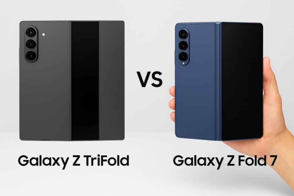 Câmera do Galaxy Z Tr folded e Galaxy Z Fold 7 em comparação, smartphones dobráveis Samsung.