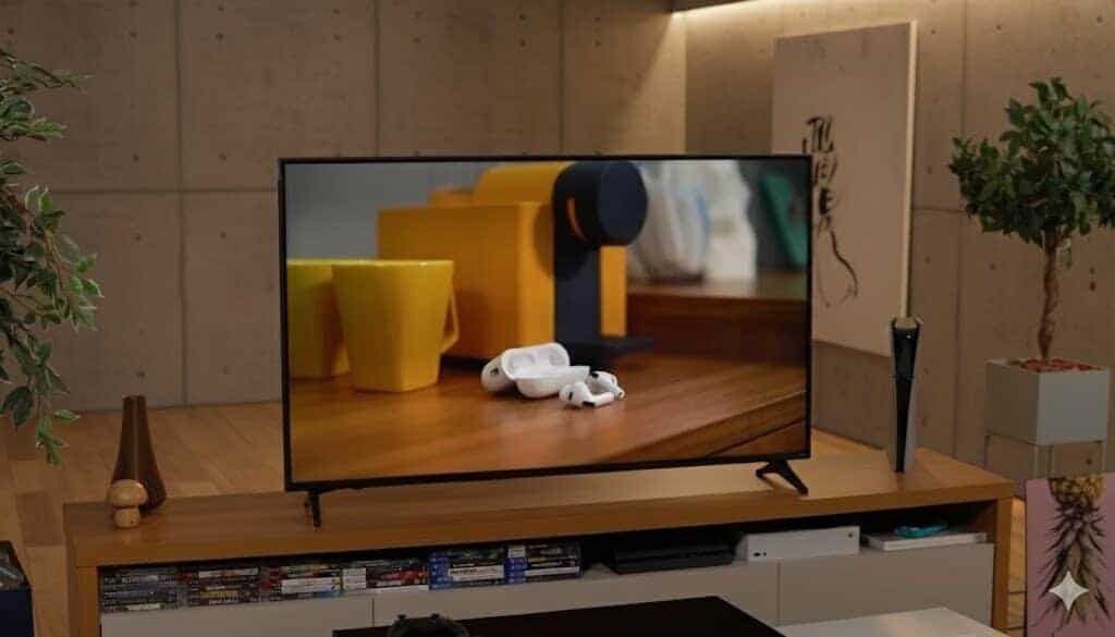 Smart TV com controle e dispositivos de streaming, decoração moderna e plantas em ambiente interno.