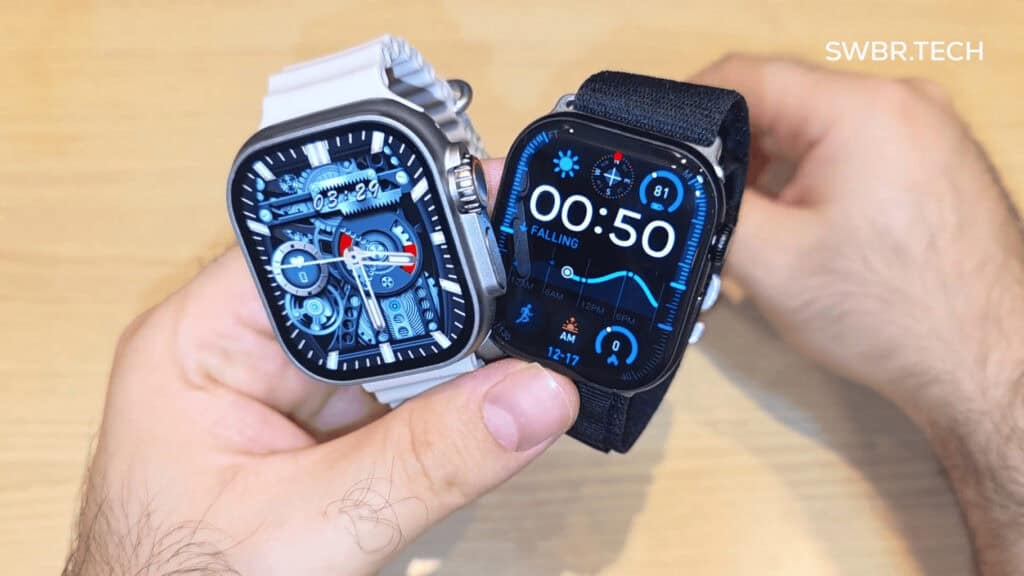 Relógios inteligentes Apple Watch alternativos, mostrando funções de saúde e esportes em tecnologia wearable.
