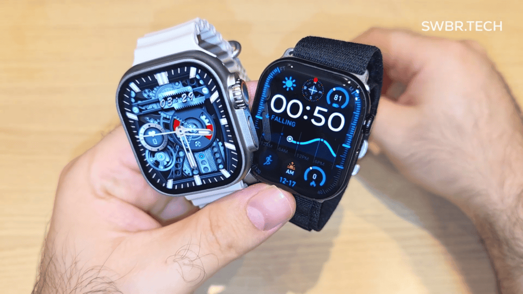 Relógios inteligentes Apple Watch alternativos, mostrando funções de saúde e esportes em tecnologia wearable.