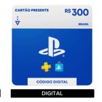 Imagem de um cartão presente digital PlayStation com valor de R$300, ideal para presente e compras online.