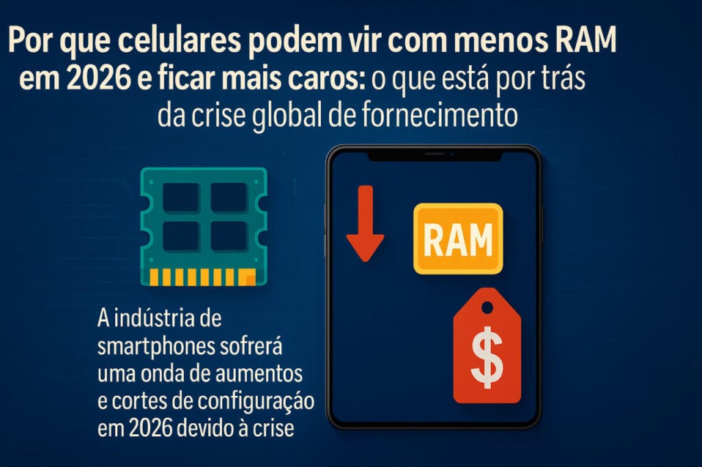 Memória RAM menor em smartphones causa aumento de preços em 2026 devido à crise de fornecimento.