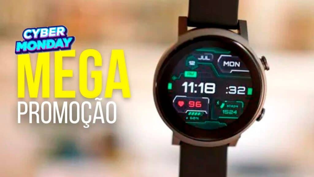 Relógio smartwatch com dados de saúde e fitness em promoção de Cyber Monday.