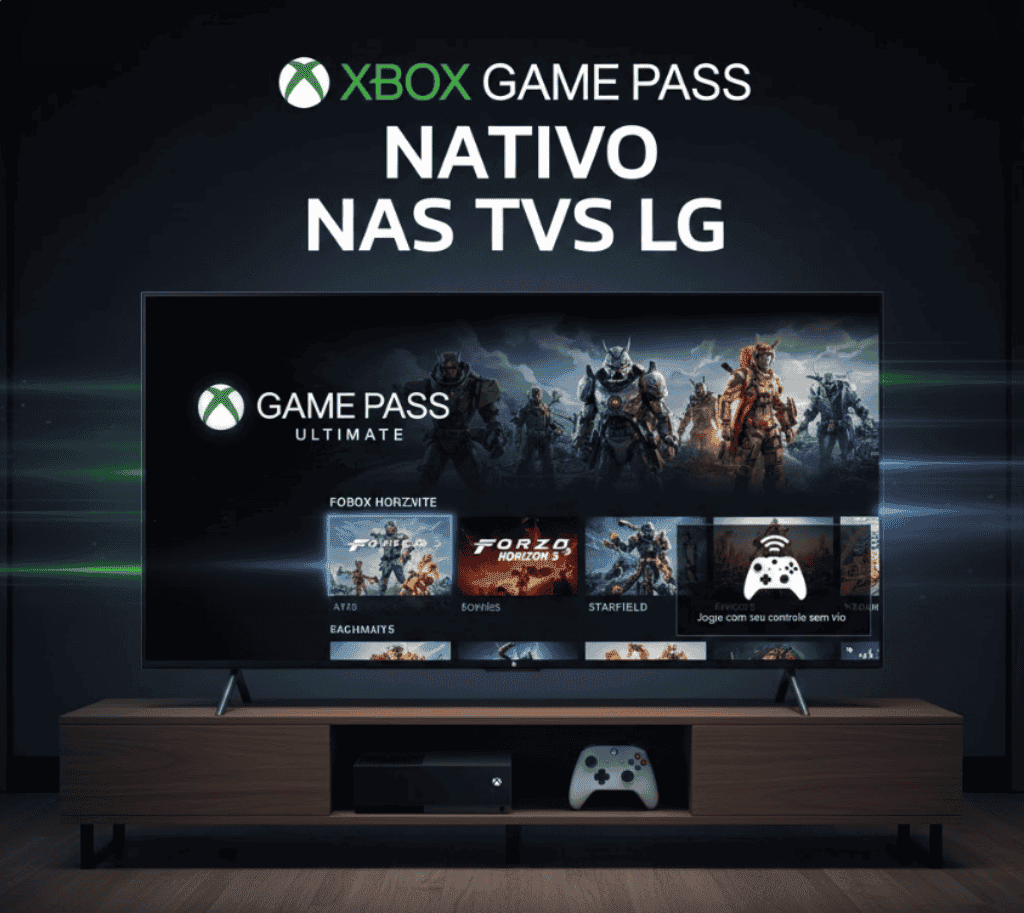 Xbox Game Pass na TV LG com jogos nativos e controle remoto sem fio.