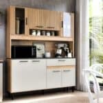 Armário De Cozinha Completo Coral 120cm Carvalho Off White Com Balcão E Paneleiro 8 Portas 1 Gaveta Nicho Para Microondas Moderno Compacto Para Cozinha Pequena MDP MDF