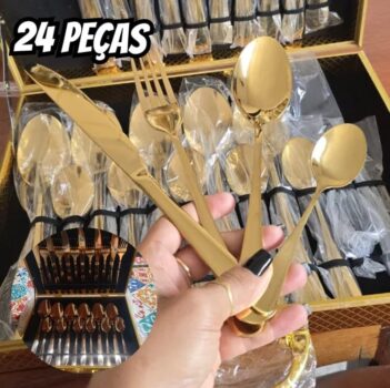 Faqueiro Dourado Inox 24 Talheres Colher Garfo Faca Luxo