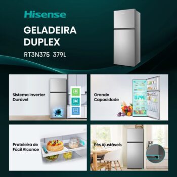 Geladeira Hisense Top Freezer Inverter Inox 375l Cinza