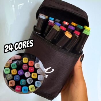 Kit de 24 Canetas Marcador Permanente Ponta Dupla Touch Coloridas para Desenho Profissional Escolar Infantil com Estojo Organizador Base Artista Canetinhas Hidrográficas Alcool Caneta para Colorir
