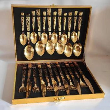 Eps-158 Kit Faqueiro Dourado Luxo Jogo Talheres Inox 24pçs + Maleta