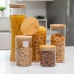 Potes Herméticos de Vidro com Tampa Bambu Porta Mantimentos Transparente Kit 5 Unidades