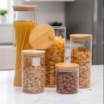 Potes Herméticos de Vidro com Tampa Bambu Porta Mantimentos Transparente Kit 5 Unidades