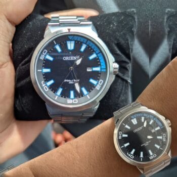 Relógio De Pulso Orient Mbss1196a Com Correia De Aço Cor Prateado Fundo Preto/azul