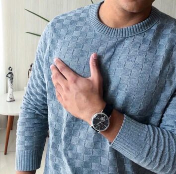 Suéter Masculino Lã Tricot Manga Longa Xadrez Blusa De Frio