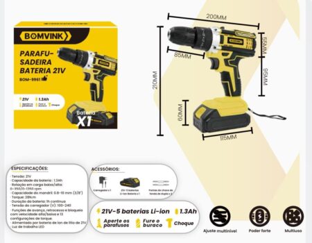 Parafusadeira Furadeira a Bateria 21V com Empunhadura Emborrachada, Bateria Recarregável e Carregador Bivolt