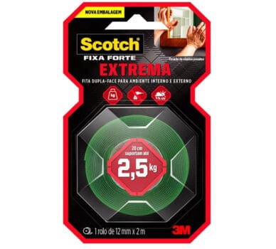 Scotch, 3M, Fixa Forte, Fita Dupla Face, Fixação Extrema, 12mm x 2m
