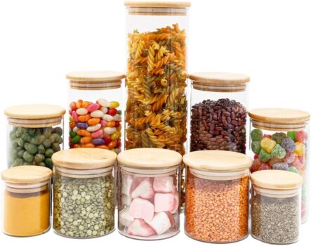 Tud – Kit 10 Potes de Vidro com Tampa de Bambu Herméticos Redondos