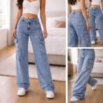 Calça Cargo Feminina Wide Leg Cintura Alta Jeans Stillger