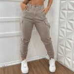 Calça Cargo Jogger Jeans Feminina Cintura Alta Com Lycra