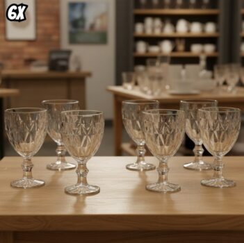 Jogo 6 Taças de Vidro Grande Diamond Bico Jaca 325ML Transparente Luxo para Vinho, Água e Drinks